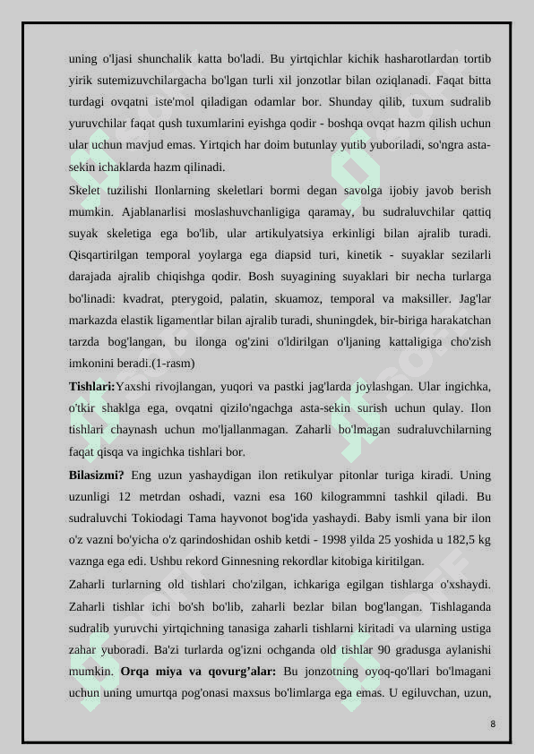 O’zbekistonning zaharli ilonlari, ularning tarqalishi va ahamiyati 8
