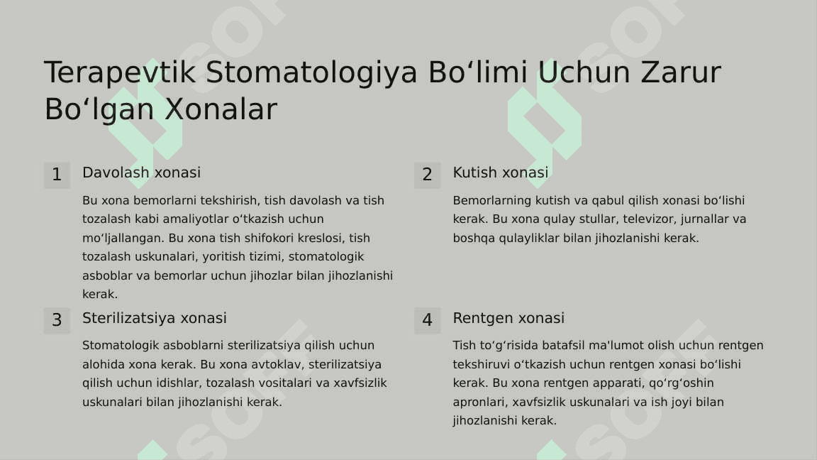 Terapevtik stomatologiya bo‘limini  tashkil etish. Talablar. 3