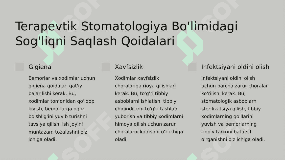 Terapevtik stomatologiya bo‘limini  tashkil etish. Talablar. 8