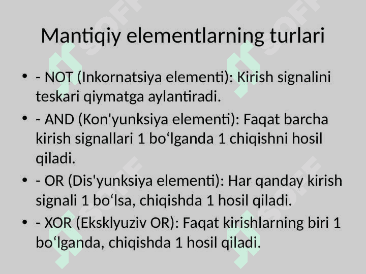 Mantiqiy elementlar: tuzilishi, ishlash prinsipi va ular asosida elementlar qurish 3