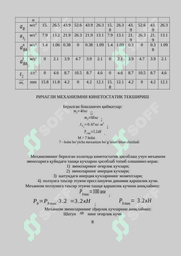 porshen shatunli mexanizmni kinetik harakatini hisoblash 8