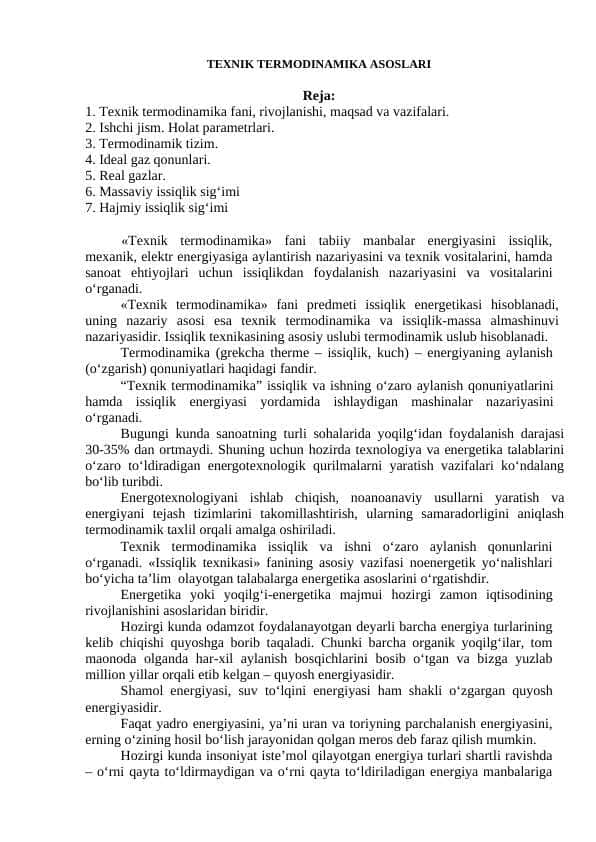 TEXNIK TERMODINAMIKA ASOSLARI