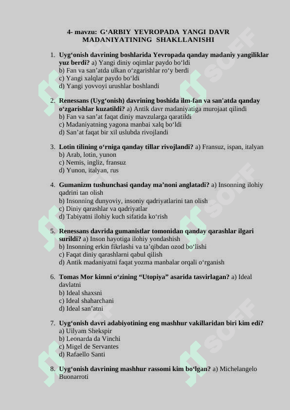 8-sinf Jahon tarixi mavzulashtirilgan testlar.test 8