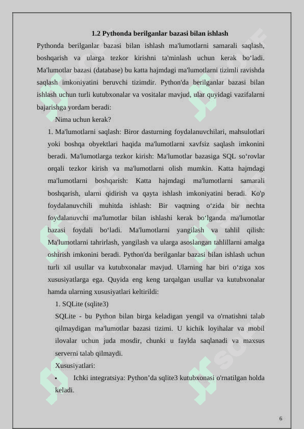 Kurs ishi python Berilganlar bazasi bilan ishlash. 6