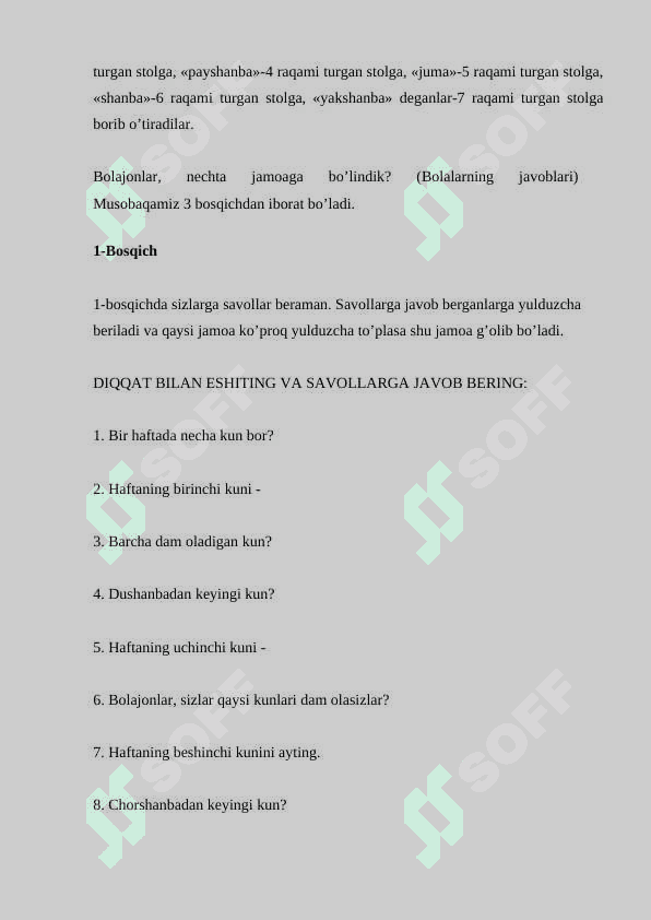 : HAFTA KUNLARINING KETMA KETLIGI HAQIDA TASAVVURLARNI MUSTAHKAMLASH ESSE 2