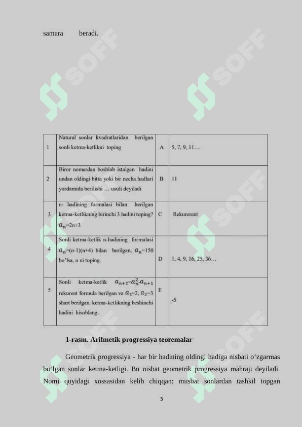 ARIFMETIK VA GEOMETRIK PROGRESSIYANI O'QITISH METODIKASI KURS ISHI 5