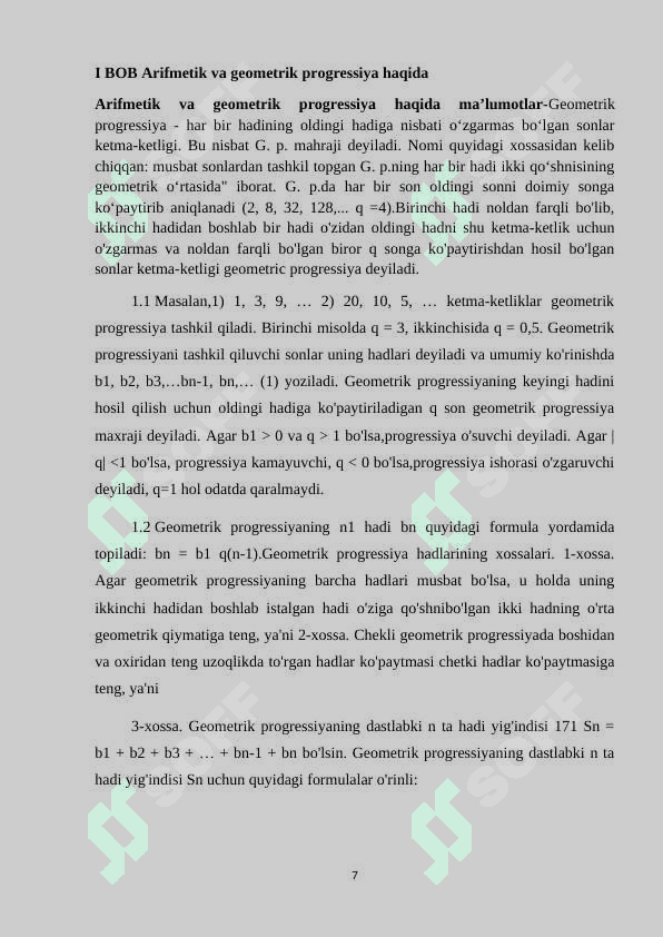 ARIFMETIK VA GEOMETRIK PROGRESSIYANI O'QITISH METODIKASI KURS ISHI 7