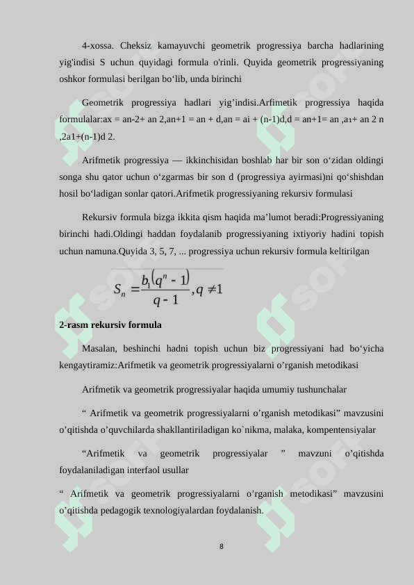 ARIFMETIK VA GEOMETRIK PROGRESSIYANI O'QITISH METODIKASI KURS ISHI 8