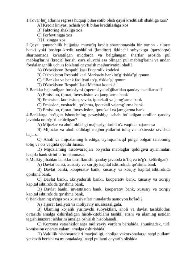 Bank faoliyati[monetar siyosat] bo'yicha 20 talik test va 10 talik krasvord javoblari bilan