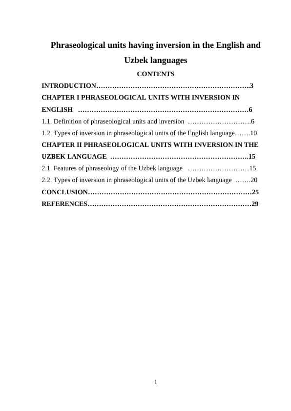 Phraseological units having inversion in the English and Uzbek languages course paper