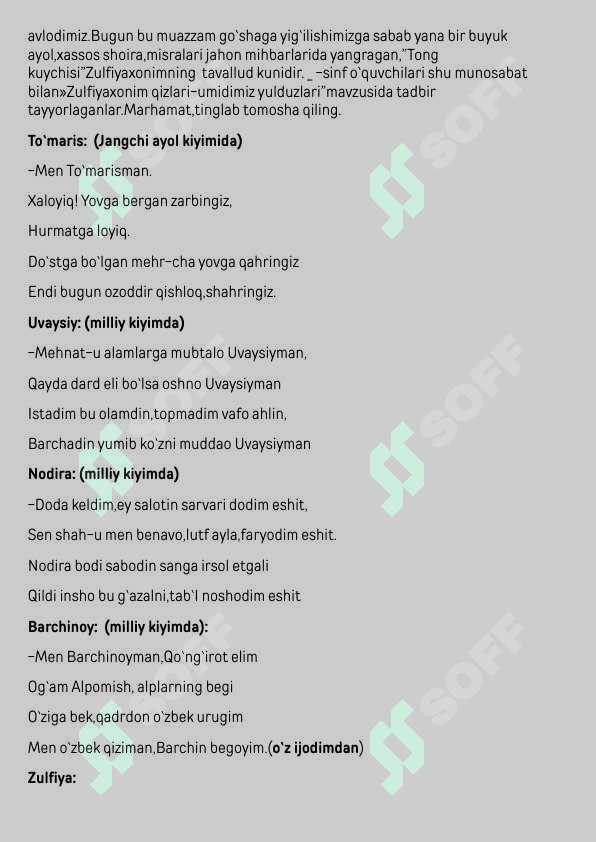 Zulfiyaxonim tavalludiga tadbir ssenariysi 2