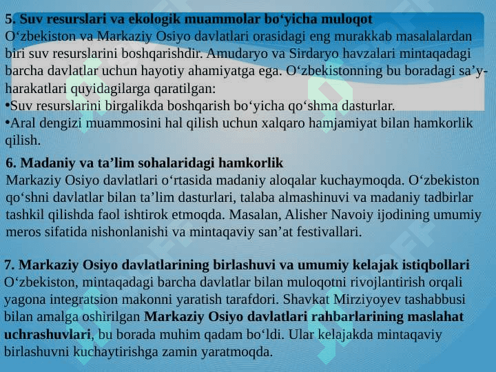 O'zbekistonni markaziy Osiyo davlatlari bilan aloqalari 6