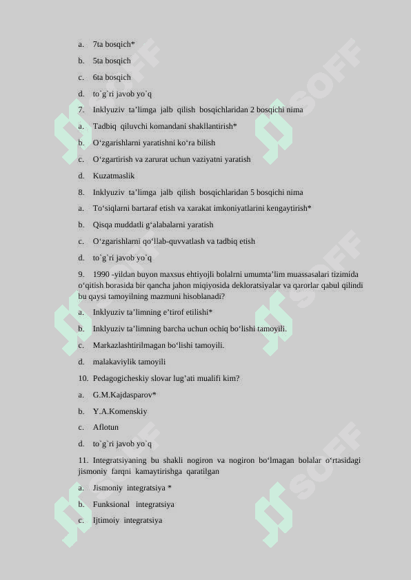 INKLYUZIV TA’LIM FANIDAN TESTLAR JAVOBI BILAN 2