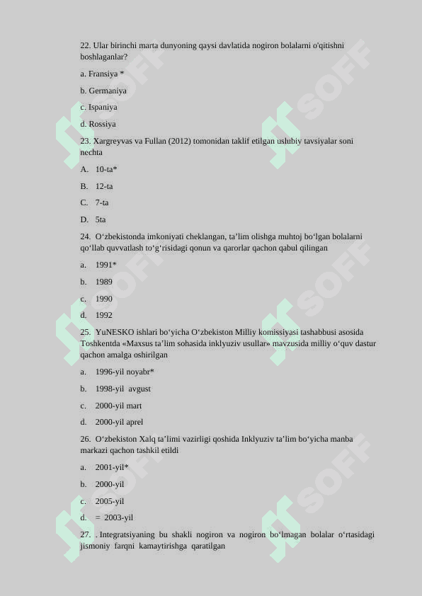 INKLYUZIV TA’LIM FANIDAN TESTLAR JAVOBI BILAN 5