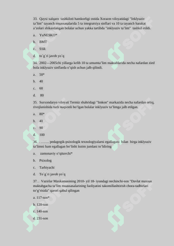 INKLYUZIV TA’LIM FANIDAN TESTLAR JAVOBI BILAN 8