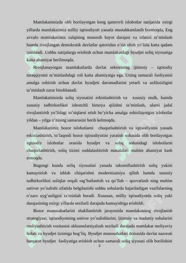 Hozirgi sharoitda O’zbekiston Respublikasida byudjet – soliq siyosating ustuvor yo’nalishlari 2