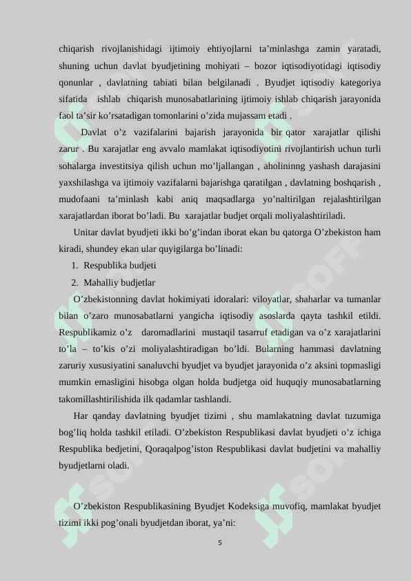 Hozirgi sharoitda O’zbekiston Respublikasida byudjet – soliq siyosating ustuvor yo’nalishlari 5
