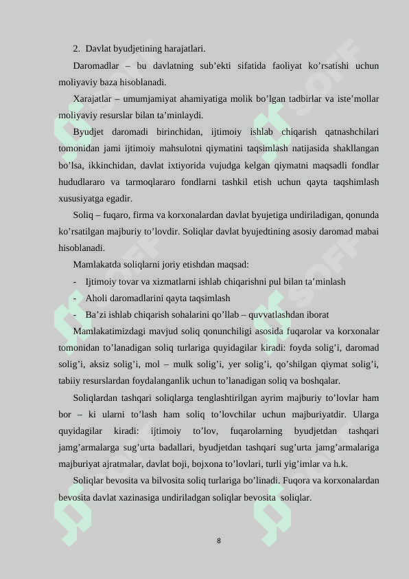 Hozirgi sharoitda O’zbekiston Respublikasida byudjet – soliq siyosating ustuvor yo’nalishlari 8