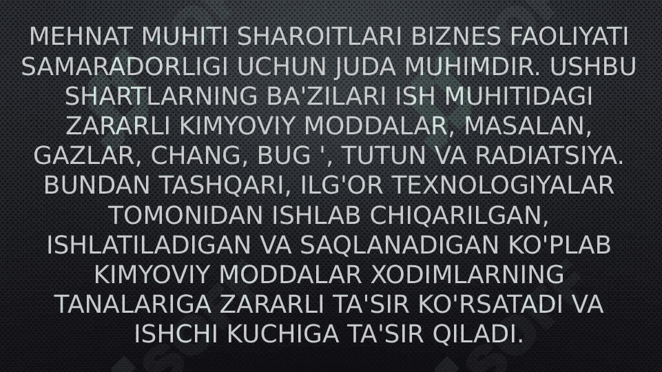 Kimyoviy omillarni umumzaharli va maxsus ta’siri haqida tushuncha. Ishchi zonasi havosining kimyoviy moddalar bilan ifloslanganligini tekshirish va baholash. Korxonada sog’lomlashtirish tadbirlari 2
