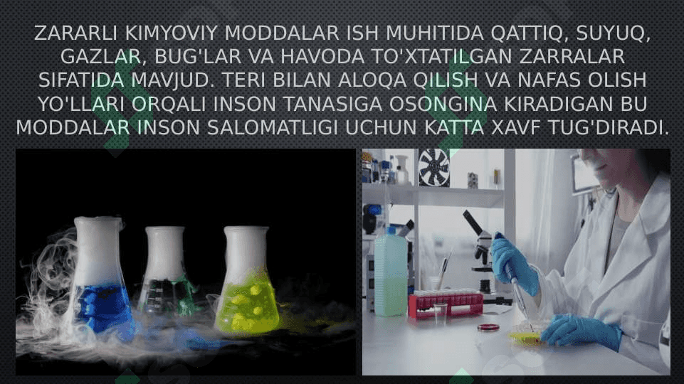 Kimyoviy omillarni umumzaharli va maxsus ta’siri haqida tushuncha. Ishchi zonasi havosining kimyoviy moddalar bilan ifloslanganligini tekshirish va baholash. Korxonada sog’lomlashtirish tadbirlari 3