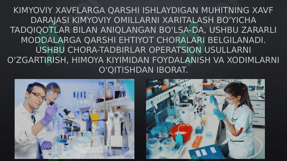 Kimyoviy omillarni umumzaharli va maxsus ta’siri haqida tushuncha. Ishchi zonasi havosining kimyoviy moddalar bilan ifloslanganligini tekshirish va baholash. Korxonada sog’lomlashtirish tadbirlari 6