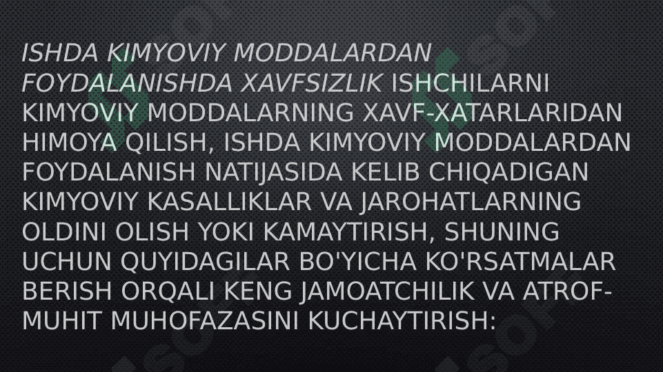 Kimyoviy omillarni umumzaharli va maxsus ta’siri haqida tushuncha. Ishchi zonasi havosining kimyoviy moddalar bilan ifloslanganligini tekshirish va baholash. Korxonada sog’lomlashtirish tadbirlari 7