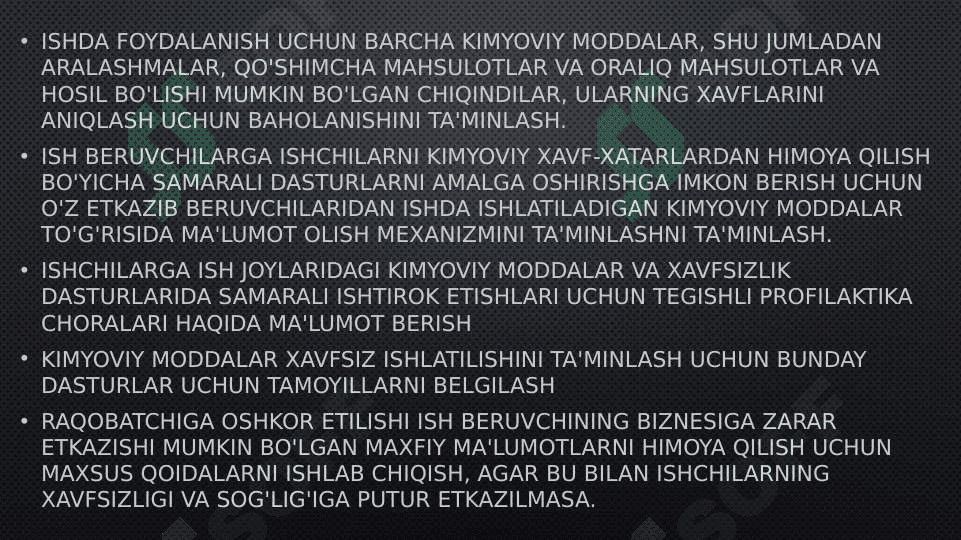 Kimyoviy omillarni umumzaharli va maxsus ta’siri haqida tushuncha. Ishchi zonasi havosining kimyoviy moddalar bilan ifloslanganligini tekshirish va baholash. Korxonada sog’lomlashtirish tadbirlari 8