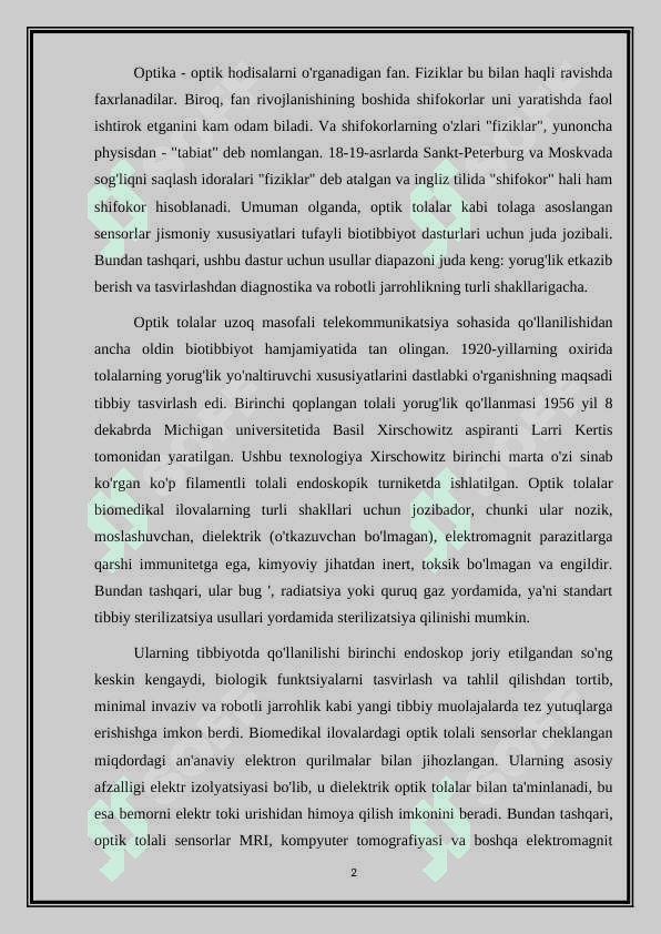 Optik tolaning tibbiyotda qo'llanilishi 2