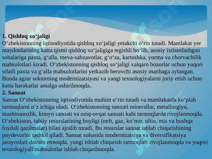 O’ZBEKISTONNING XO’JALIGIGA UMUMIY TA'RIF 3