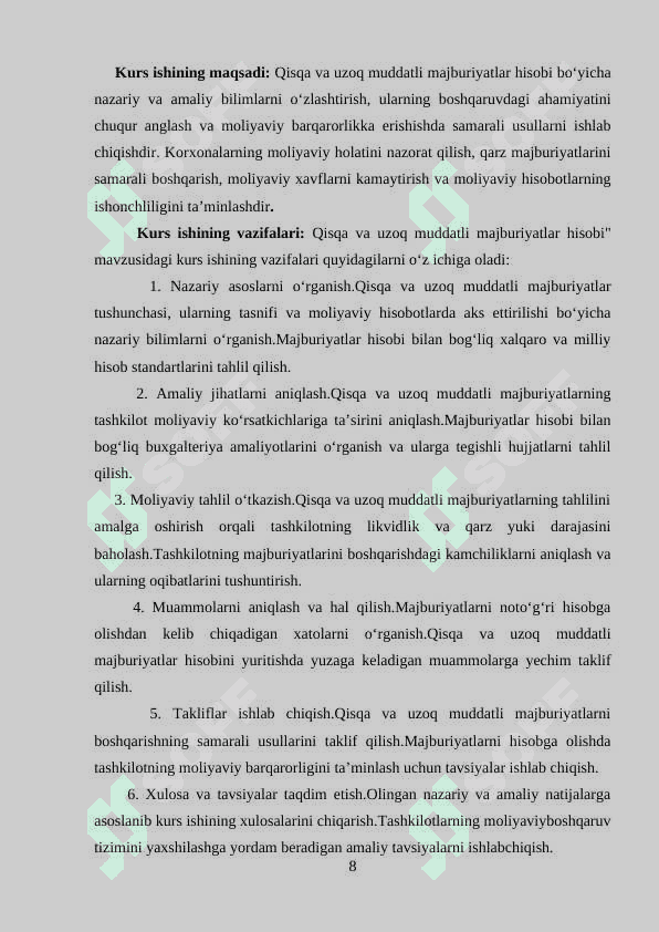 Qisqa va uzoq muddatli majburiyatlar hisobi mavzusidan Kurs ishi 8