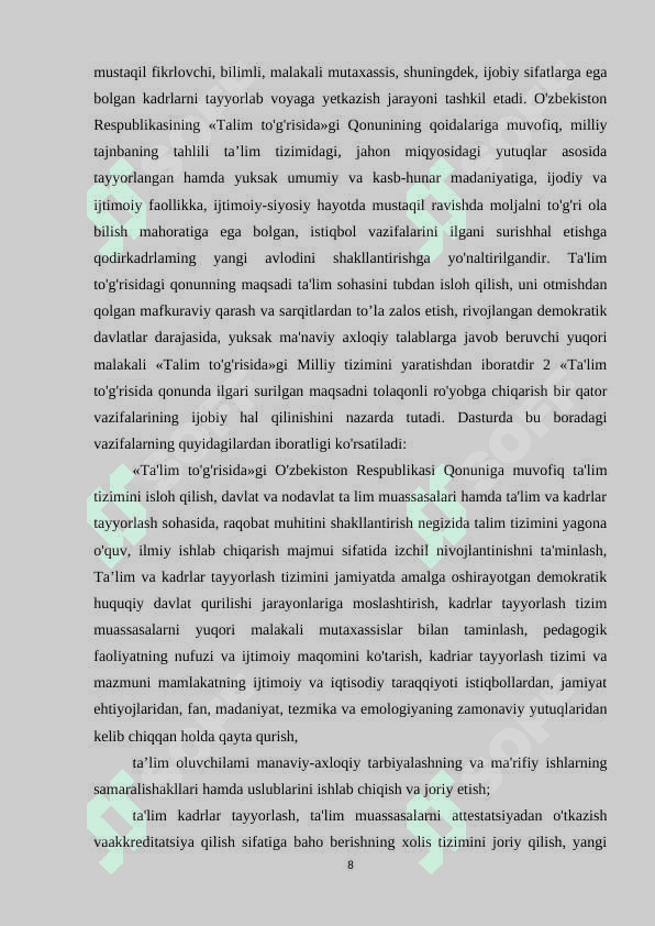 O’zbekiston Respublikasining “Maktabgacha ta’lim va tarbiya to’g’risidagi qonuni” 8
