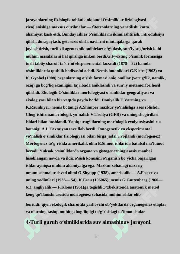 Turli ekalogik guruh oʻsimliklarida suv almashinuv xususiyatlari 8