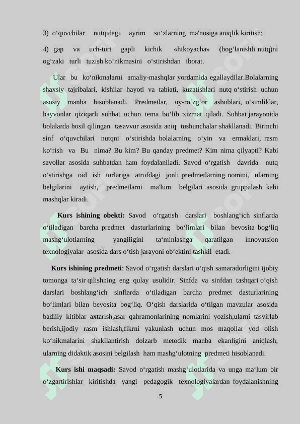 Savod o‘rgatish davrida  dars tiplari.Ularning maqsad , mazmuni va qurilishi. 5