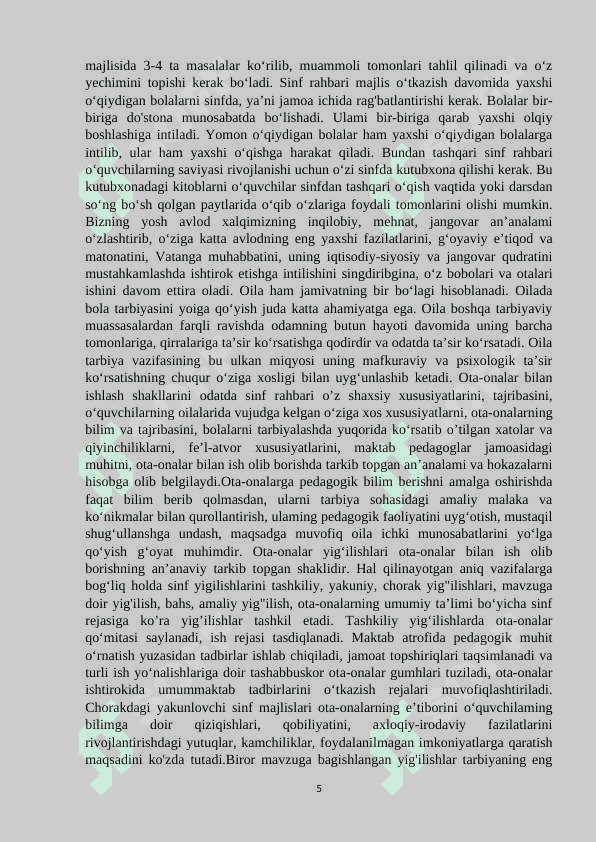 Sinf rahbari faoliyatini tashkil etish va boshqarish metodikasi 5