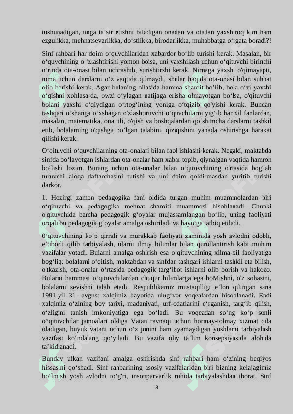 Sinf rahbari faoliyatini tashkil etish va boshqarish metodikasi 8