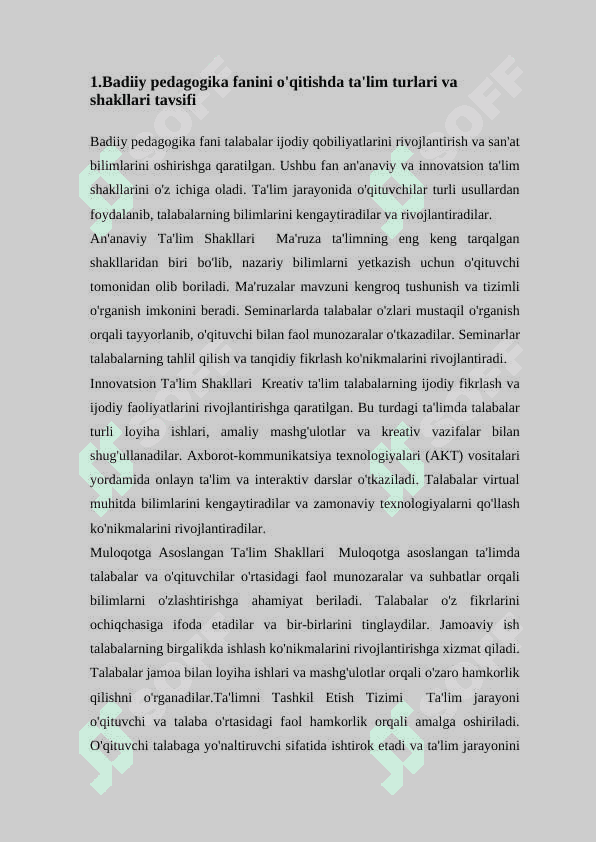 Badiiy pedagogika fanini o'qitish shakllari 2