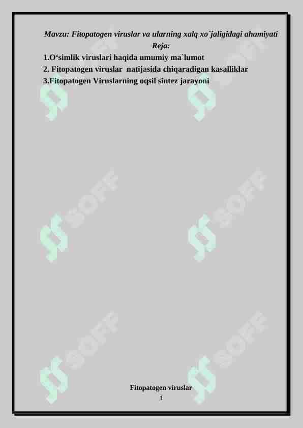 Fitopatogen viruslar va ularning xalq xo`jaligidagi ahamiyati