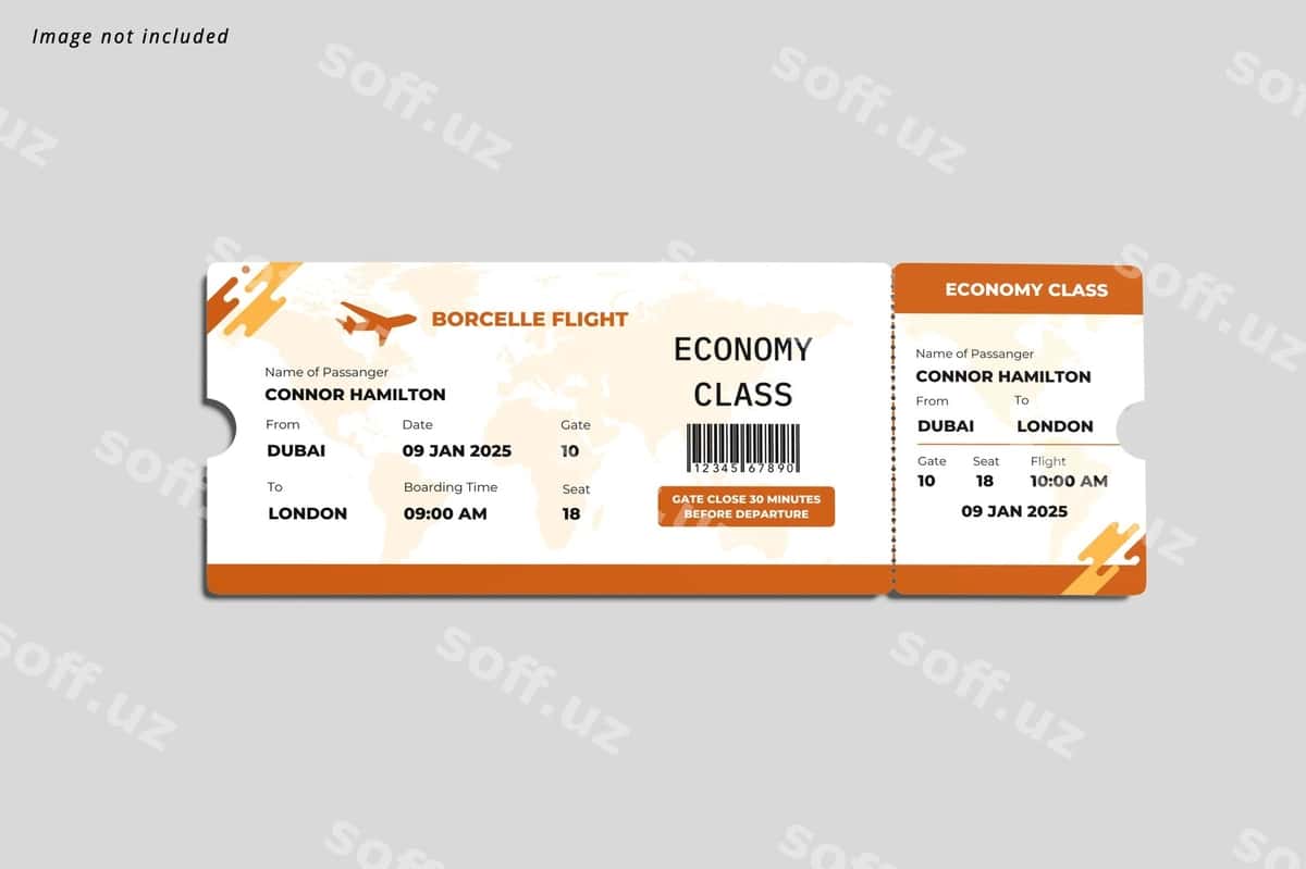 Parvoz chiptasi namunasi | Flight ticket mockup 1