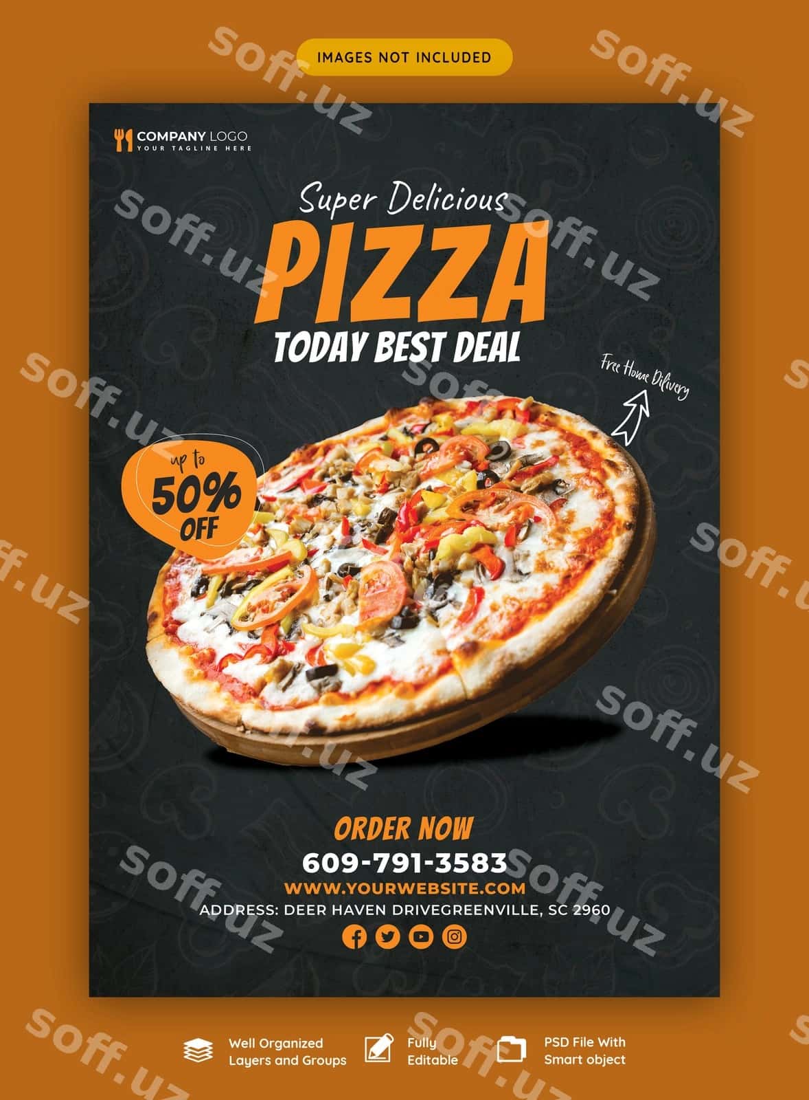 Mazali pizza varaqasi shabloni, taom menyusi | Food menu delicious pizza flyer template 1