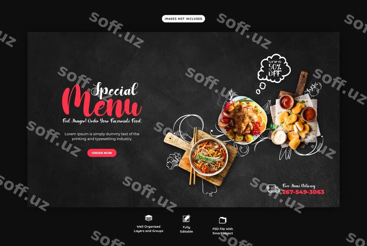 Ovqat menyu restoran veb baner shabloni | Food menu restaurant web banner template 1