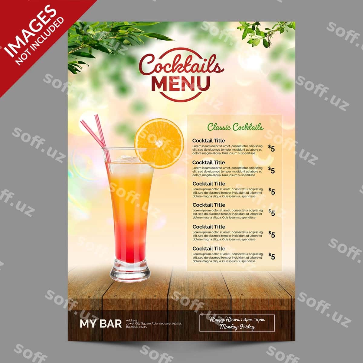 Freshhappy soatlari kokteyl menyusi shabloni | Freshhappy hours cocktail menu template 1