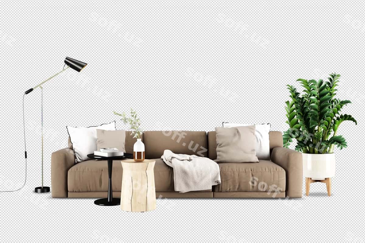Old tomoni divan o'simlik 3-o'lchovli render | Front view sofa plant 3d rendering 1