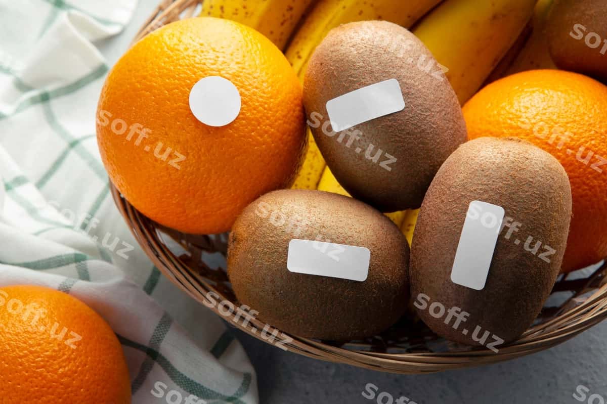 Mevalar joylashuvi stiker namunasi bilan | Fruits arrangement with sticker mockup 1