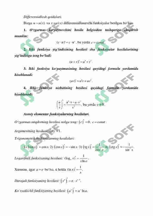 . Funksiyaning  differensiali. Yuqori tartibli hosilalar va differensiallar. 4