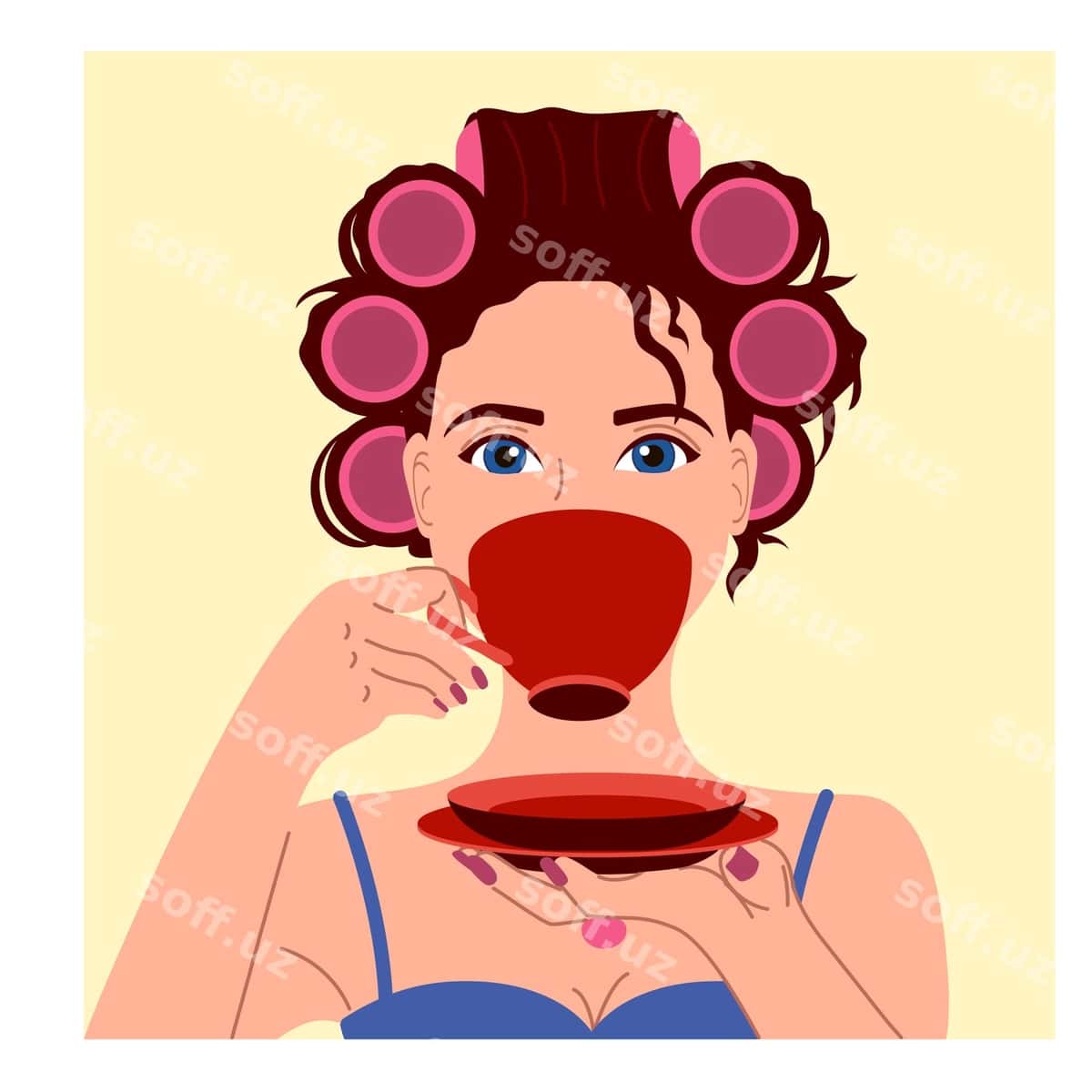 Qiz boshida quriltaylar bilan kofe ichadi. | Girl with curlers her head drinks coffee 1