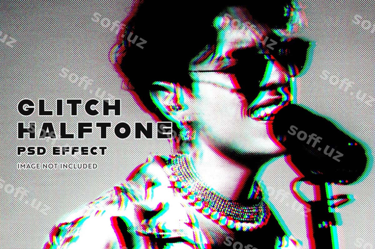 Glitsh halftone psd rasm effektasi | Glitch halftone psd image effect 1