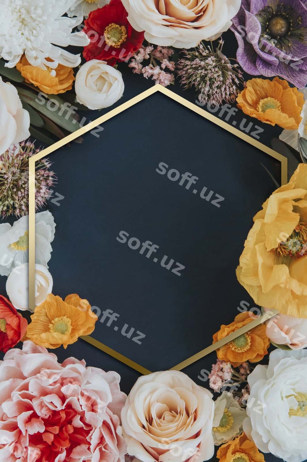 O'n olchaburchak ramka oltin rangli gulli | Golden colorful floral hexagon frame 1