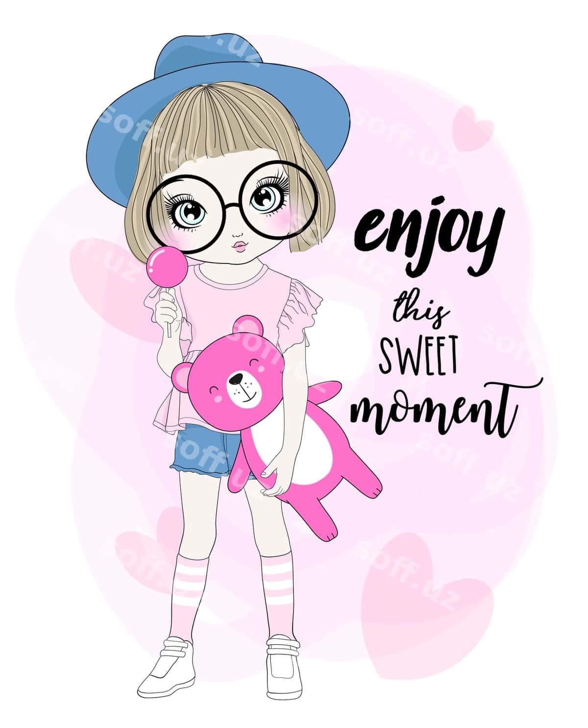 Qollanma chiroyli qiz ayiq bilan | Hand drawn cute girl with bear 1