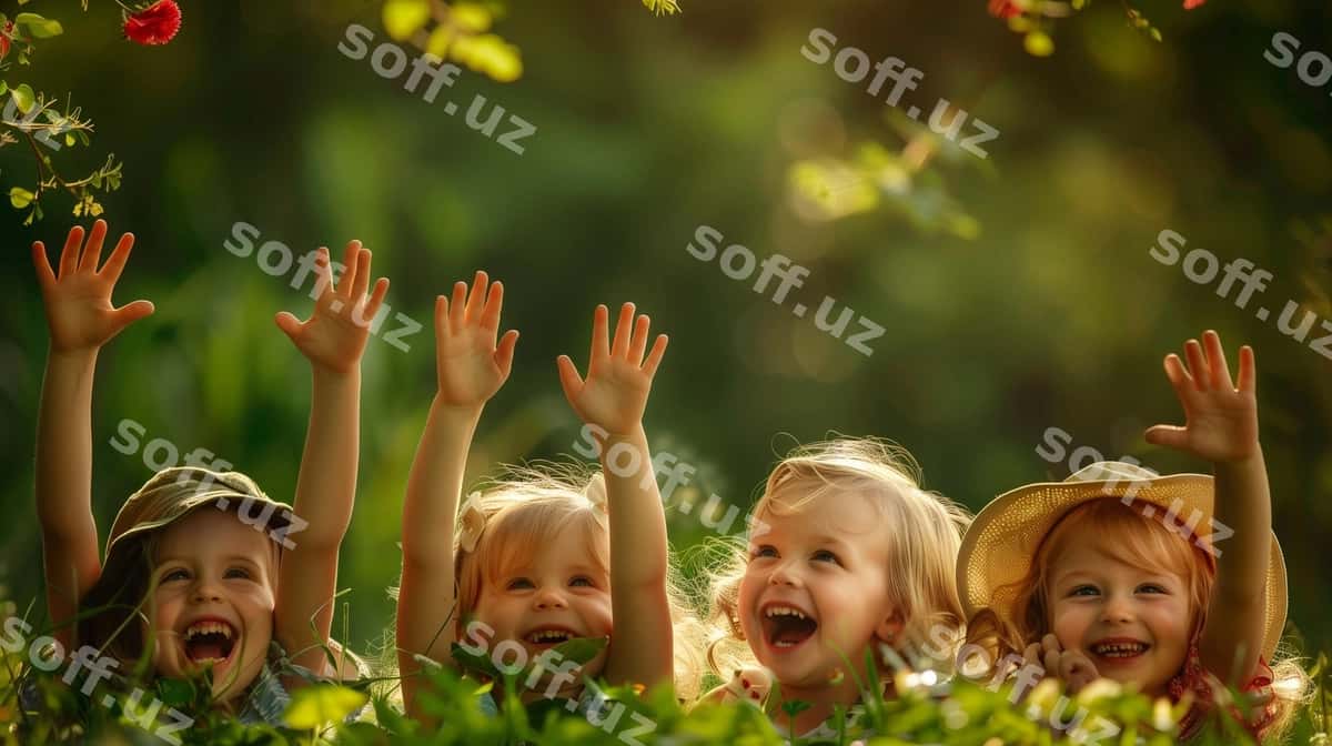 Baxtli bolalar cholva qo'llarini ko'targan holda | Happy children grass with their arms up 1