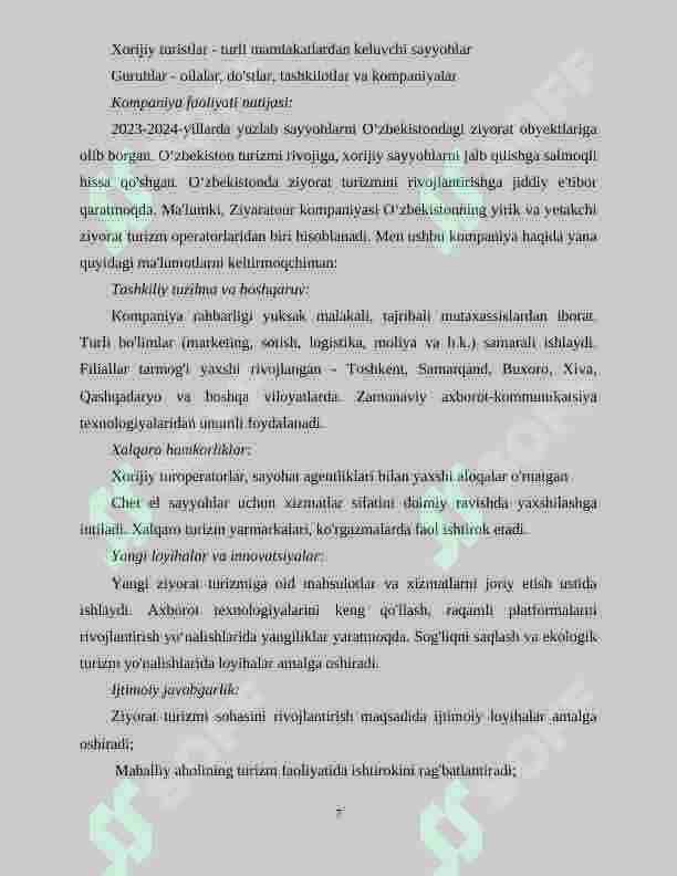 ”Ziyaratour” turagentligining shakillanish tarixi 7